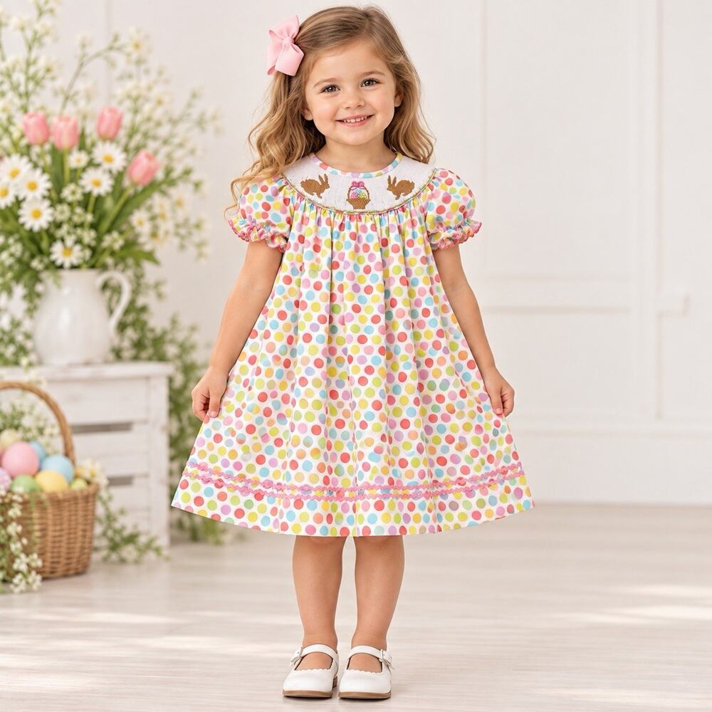 Southern Tots Girls 4T Easter Bunny Smocked Dress Polka Dot Spring Easter Egg